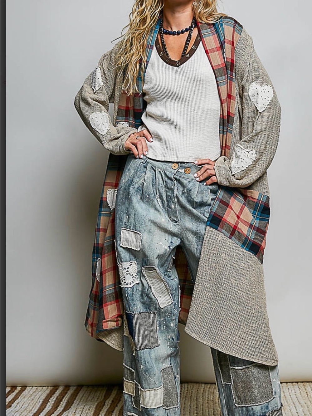 COMING SOON- POL beige long coat with plaid heart back appliqué - Picture 2 of 2